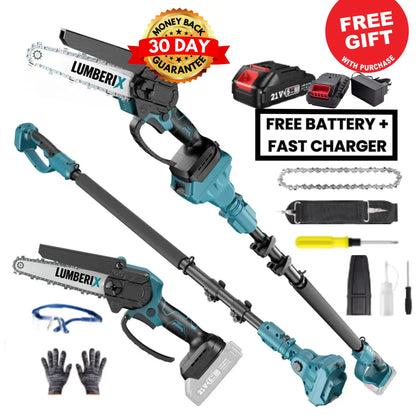 Lumberix T6 Pro — 2-in-1 Cordless Telescopic Pole Chainsaw & Mini Chainsaw (21V, 6 inch) + FREE Battery + Fast Charger