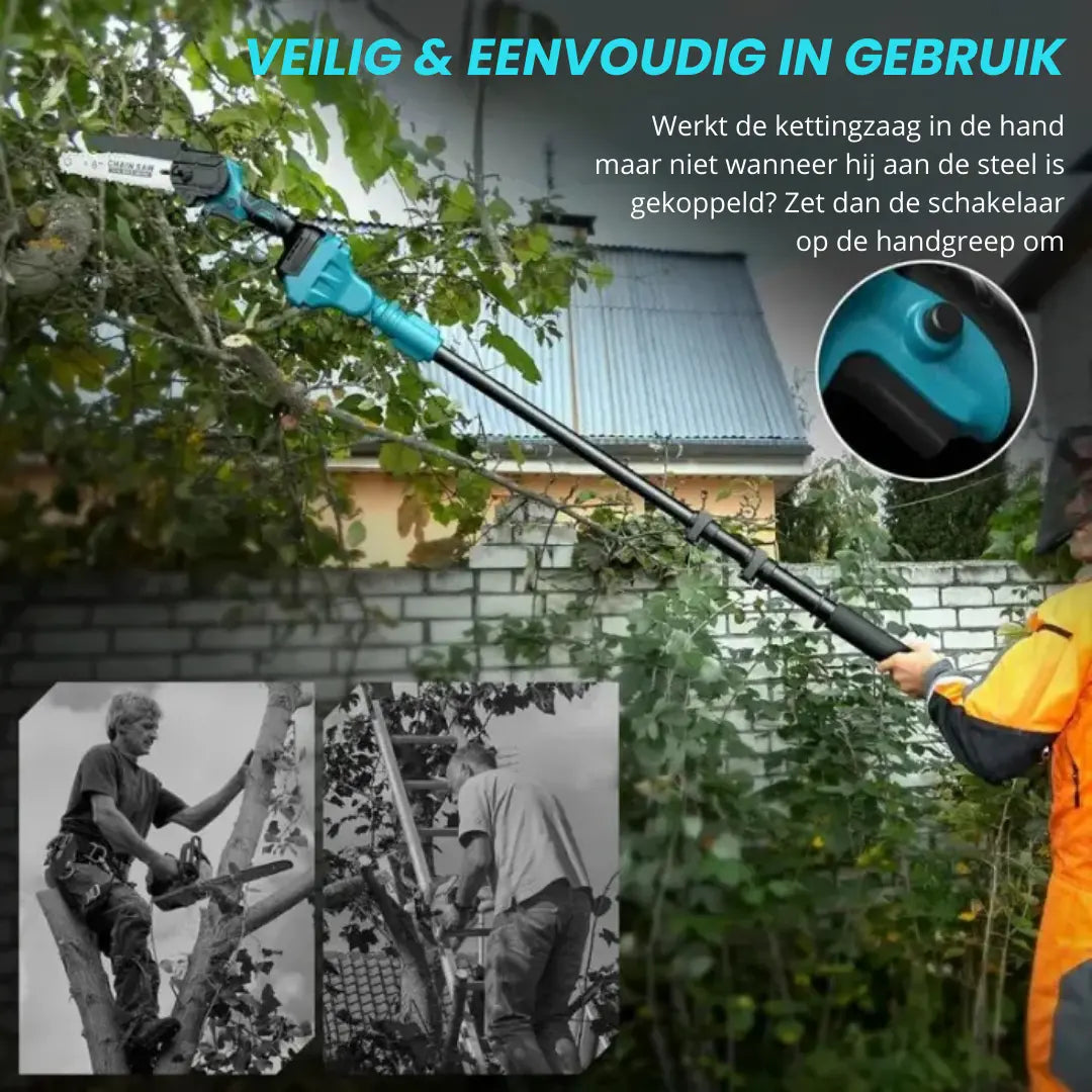 Lumberix T6 Pro — 2-in-1 Accu Telescopische Stokkettingzaag & Mini-kettingzaag (21V, 15 cm) +  GRATIS Accu + Snellader