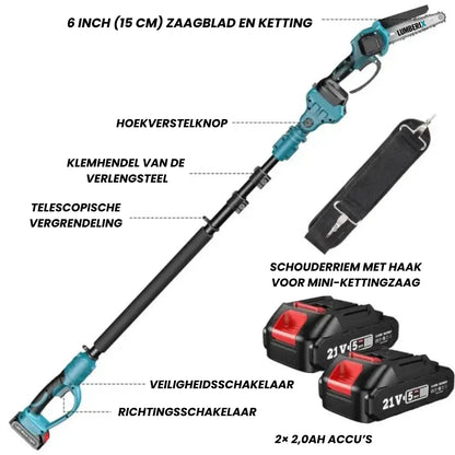 Lumberix T6 Pro — 2-in-1 Accu Telescopische Stokkettingzaag & Mini-kettingzaag (21V, 15 cm) +  GRATIS Accu + Snellader