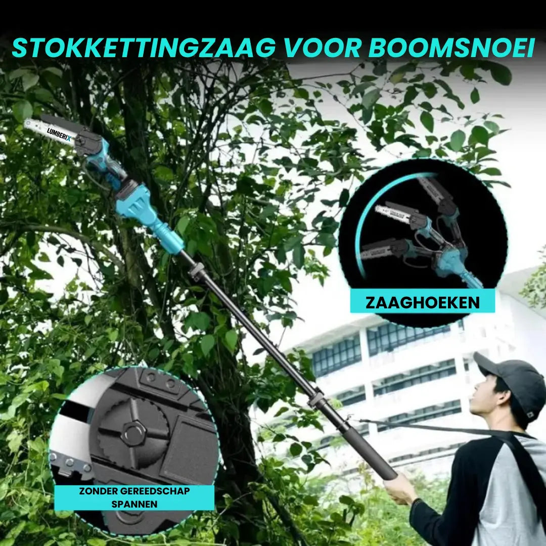 Lumberix T6 Pro — 2-in-1 Accu Telescopische Stokkettingzaag & Mini-kettingzaag (21V, 15 cm) +  GRATIS Accu + Snellader