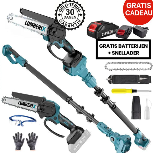 Lumberix T6 Pro — 2-in-1 Accu Telescopische Stokkettingzaag & Mini-kettingzaag (21V, 15 cm) +  GRATIS Accu + Snellader